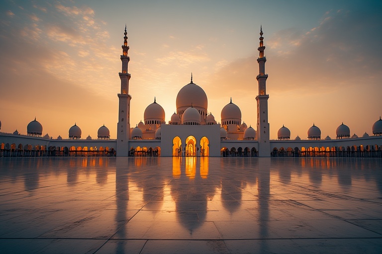 Sheikh Zayed Grand Mosque exterior view at sunset